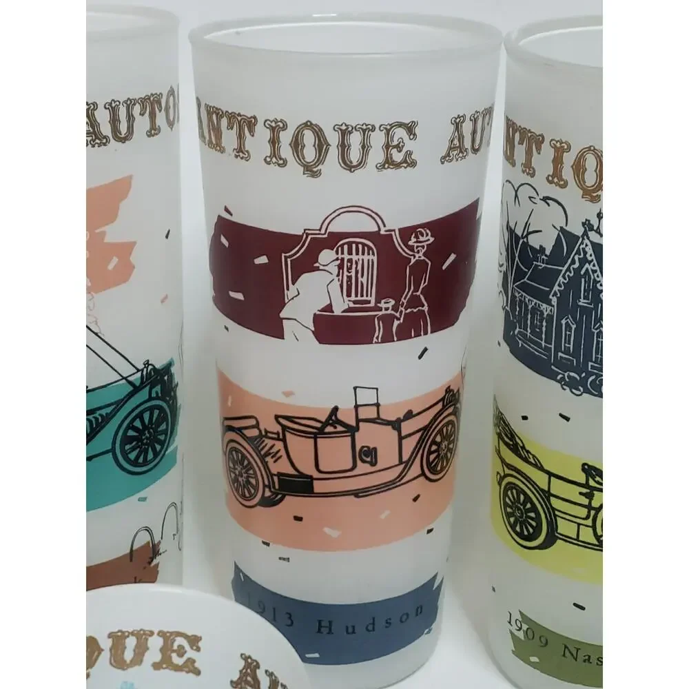 LOT OF 11 Autos cars Frosted Glasses Tumblers Vintage Highball MCM 60s Packard